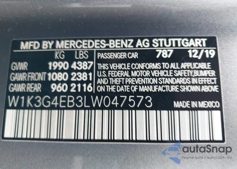 2020 Mercedes-Benz A 220 z USA, uszkodzony, nr VIN W1K3G4EB3LW047573